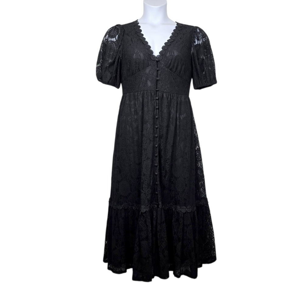 By The River Womens Black Scalloped Lace V-Neck Midi Dress Size L NWT